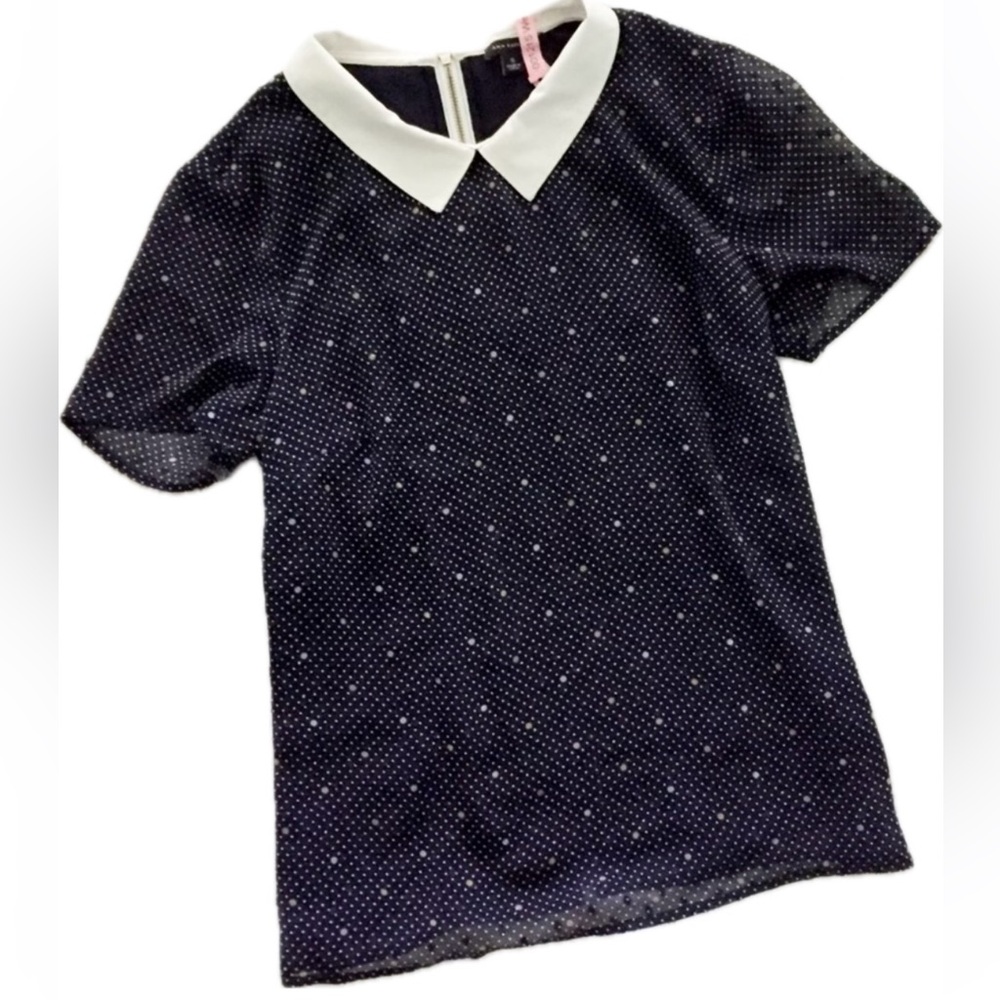 Ann Taylor Blue and White Polka Dot Blouse with Peter Pan Collar